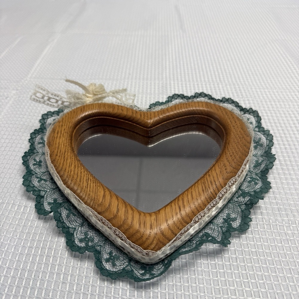80s Country Wood Heart Mirror Wall Decor Cottage Core Green Lace Ruffle